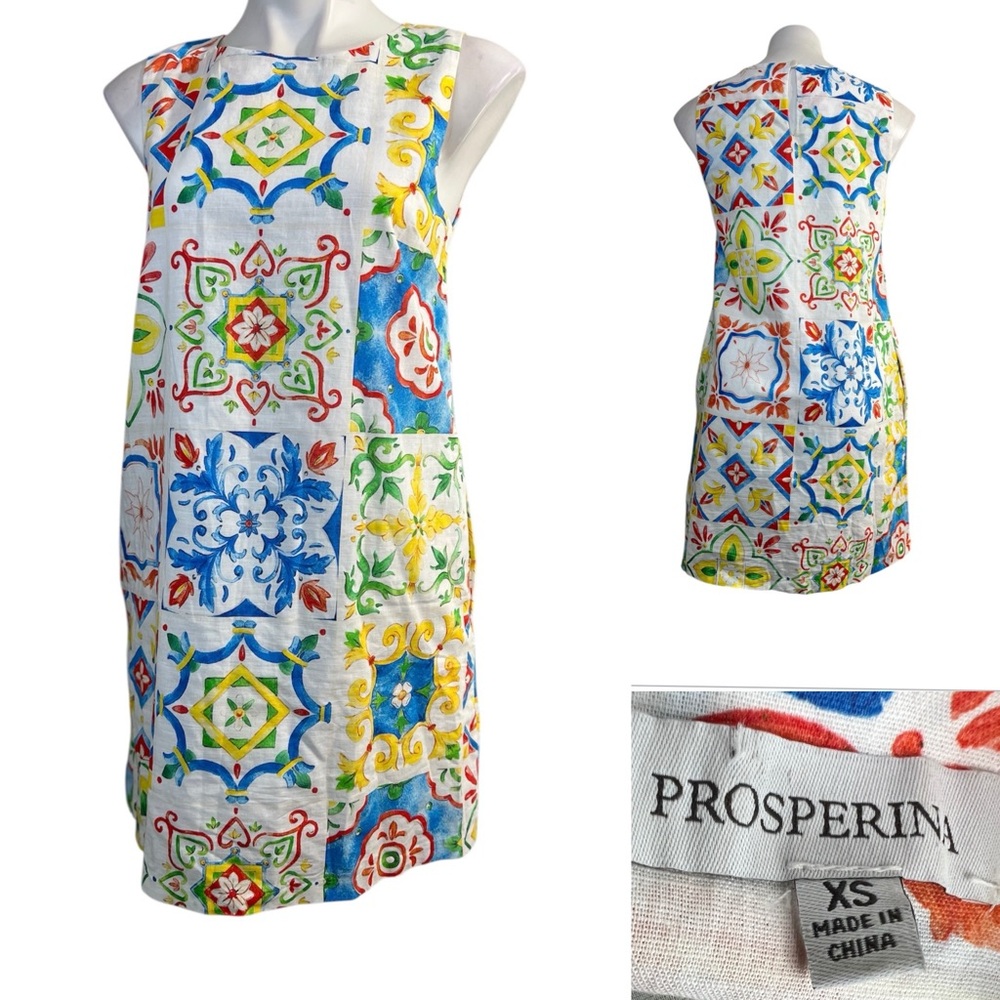 Prosperina Catania Sicilian Tile Print Shift Dress xs sleeveless‎ linen blend